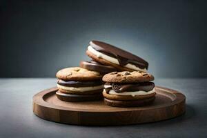 three chocolate and vanilla ice cream sandwiches on a wooden plate. AI-Generated photo