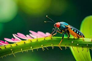 un vistoso insecto es sentado en un planta. generado por ai foto