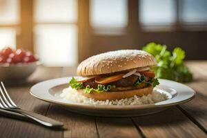 a hamburger on a plate with rice and vegetables. AI-Generated photo