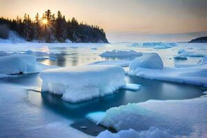 ice chunks are floating in the water at sunset. AI-Generated photo