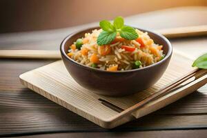 a bowl of rice with vegetables and a chopstick. AI-Generated photo