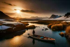 a man in a boat on a river in the mountains. AI-Generated photo