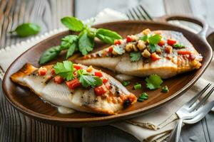 grilled fish with herbs and vegetables on a wooden plate. AI-Generated photo