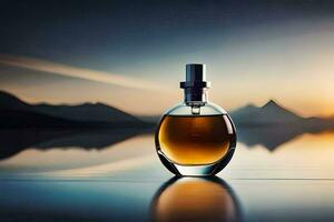 a bottle of perfume sitting on a table with a sunset in the background. AI-Generated photo