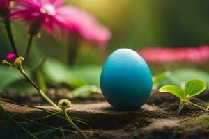 a blue egg is sitting on the ground surrounded by pink flowers. AI-Generated photo