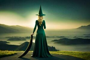 a woman in a green dress standing on a road with a hat. AI-Generated photo