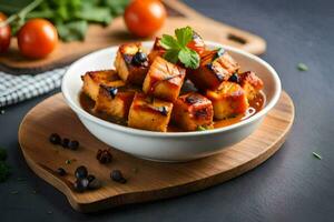 chicken and tofu in a bowl with tomato sauce on a dark background. AI-Generated photo