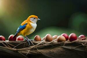 a bird sits on top of a nest of eggs. AI-Generated photo