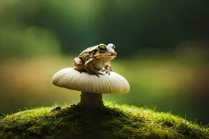 a frog sits on top of a mushroom. AI-Generated photo