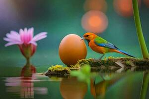 the bird is sitting on the water and the egg is on the moss. AI-Generated photo