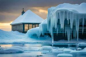 hielo formaciones en el apuntalar de un lago. generado por ai foto