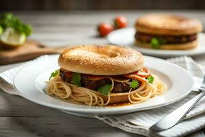 a hamburger and spaghetti on a plate. AI-Generated photo