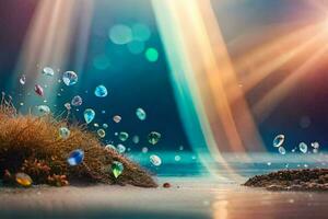 a beach with colorful stones and water. AI-Generated photo