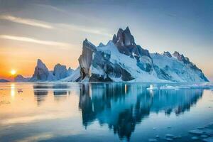 the sun sets over an iceberg in the ocean. AI-Generated photo