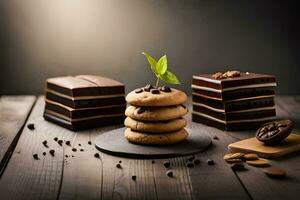 chocolate cookies and chocolate bars on a wooden table. AI-Generated photo