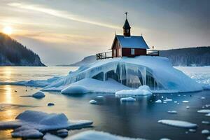 un rojo Iglesia en un iceberg en el medio de el océano. generado por ai foto