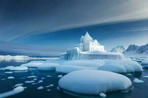 un Iglesia en un iceberg en el medio de el océano. generado por ai foto