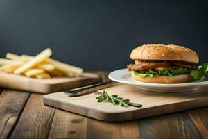 un hamburguesa y papas fritas en un de madera corte tablero. generado por ai foto