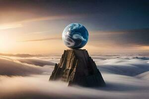 the earth is sitting on top of a mountain in the clouds. AI-Generated photo