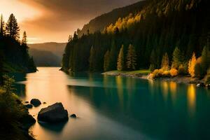 photo wallpaper the sky, trees, mountains, lake, sunset, the mountains, the lake,. AI-Generated