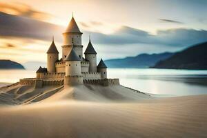 a castle on the beach at sunset. AI-Generated photo