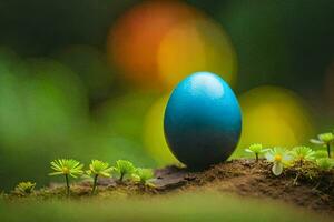 blue easter egg on the ground with green plants. AI-Generated photo