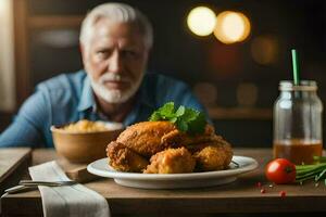 an older man sits at a table with a plate of fried chicken. AI-Generated photo