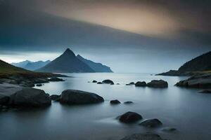 a long exposure photograph of rocks and water in the ocean. AI-Generated photo