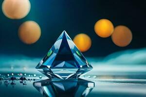 a diamond is sitting on a table with lights behind it. AI-Generated photo