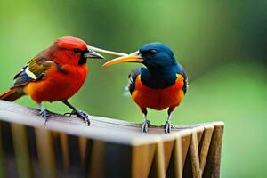 dos vistoso aves en pie en un de madera cerca. generado por ai foto