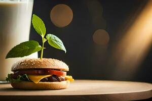 un hamburguesa con queso, lechuga y tomate en un de madera mesa. generado por ai foto