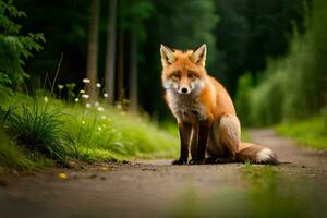 a fox sitting on the road in the middle of a forest. AI-Generated photo