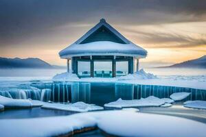 a gazebo sits on the edge of a frozen lake. AI-Generated photo