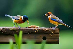 dos aves comiendo desde un pájaro alimentador. generado por ai foto