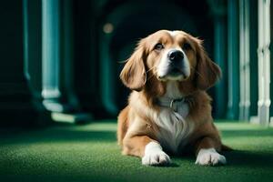 un perro sentado en el césped en un verde habitación. generado por ai foto