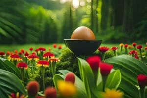 an egg in a bowl of flowers. AI-Generated photo