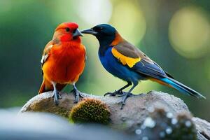 dos vistoso aves sentado en un roca. generado por ai foto