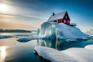 a red house sits on an iceberg in the middle of the ocean. AI-Generated photo