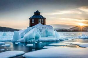 a lighthouse sits on top of an iceberg in the middle of the ocean. AI-Generated photo