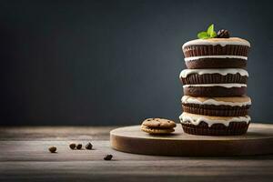 stack of chocolate cupcakes on a wooden board. AI-Generated photo