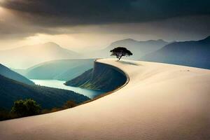 un solitario árbol soportes en un montaña con vista a un lago. generado por ai foto