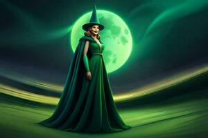 a woman in green dress standing in front of a full moon. AI-Generated photo