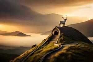 the deer is standing on top of a hill with a path leading to it. AI-Generated photo