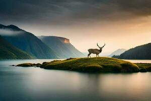 a deer stands on a small island in the middle of a lake. AI-Generated photo