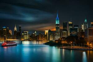 el Manhattan horizonte a noche. generado por ai foto