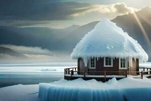 a small hut sits on top of an icy lake. AI-Generated photo