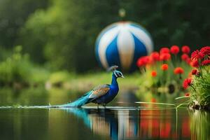 a peacock is standing in the water near red flowers. AI-Generated photo