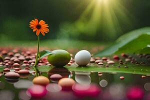 photo wallpaper the sun, flower, water, green, leaves, egg, water, the green. AI-Generated