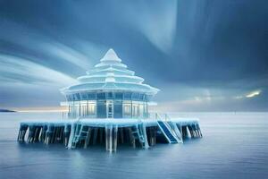 un muelle con un casa en parte superior de eso en el agua. generado por ai foto