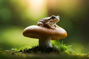 a frog sits on top of a mushroom in the forest. AI-Generated photo